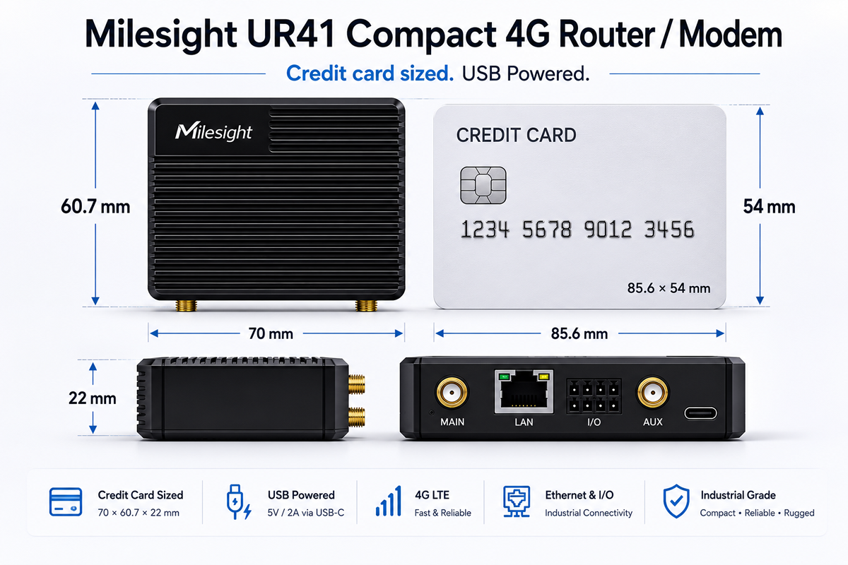 Milesight UR41 4G router shown next to a credit card to illustrate compact size